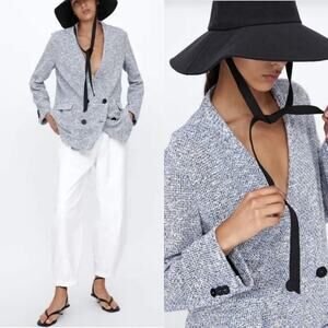 ZARA Textured Weave Blazer Women S Blue Cream Collarless Double Breasted Jacket